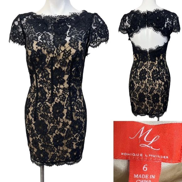 Monique Lhuillier Dresses & Skirts - ML Monique Lhuillier cocktail dress size 6 black/nude lace cap sleeve
